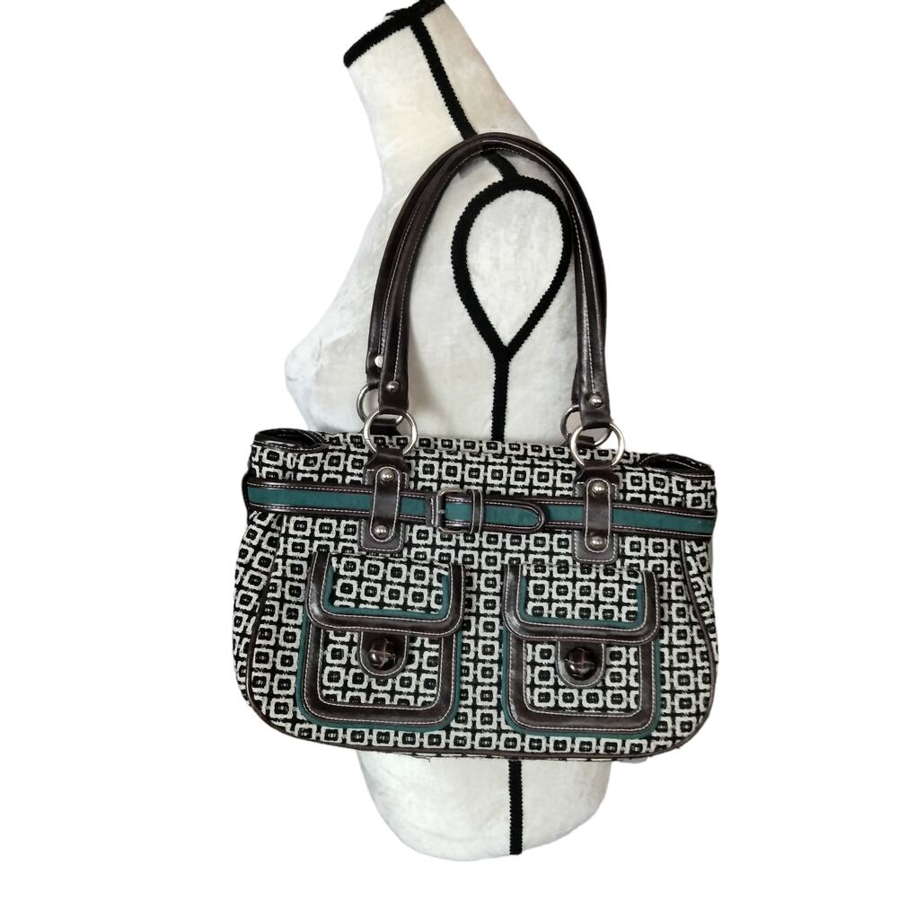 Vintage Y2K Tweed Black and White Teal Trim Satchel Bag Purse